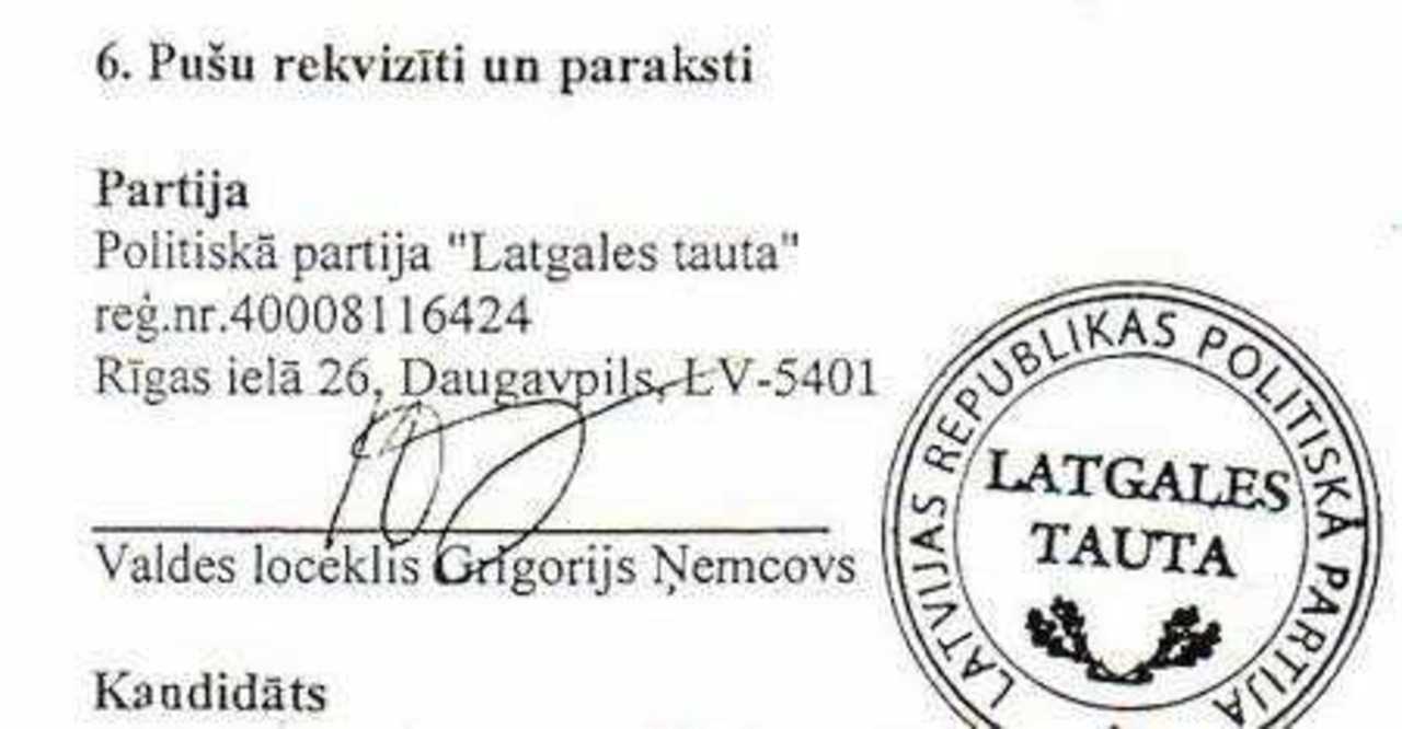 Документ кончается подписями кандидата в депутаты и председателя «Латгалес таута» Григория Немцова.