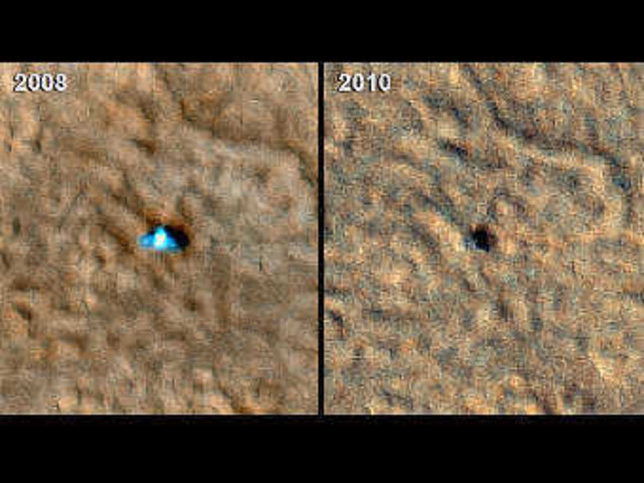 Фото зонда "Феникс" в 2008 и 2010 годах. Изображение NASA/JPL-Caltech/University of Arizona