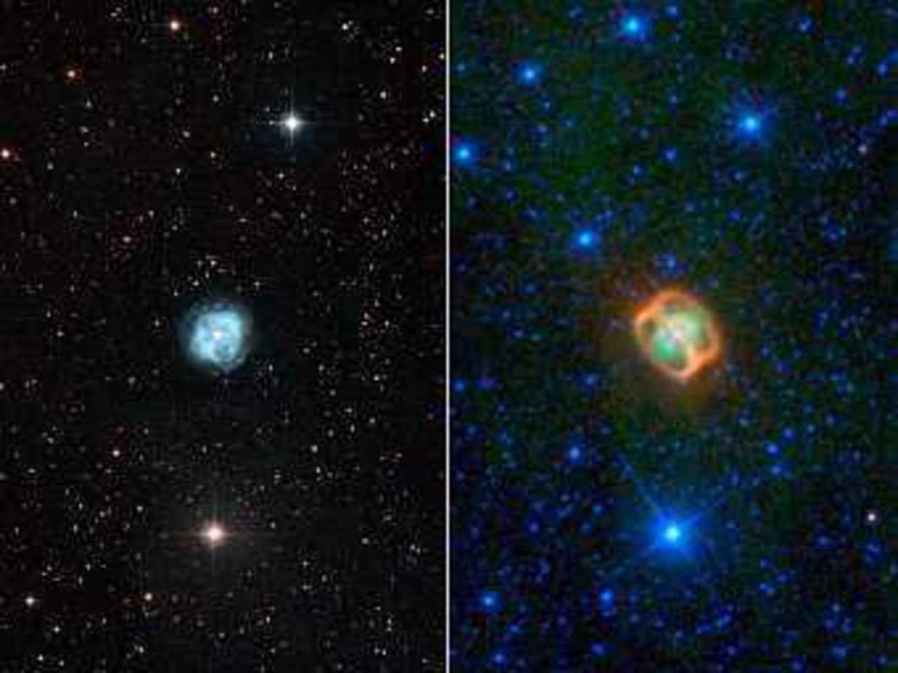 Планетарная туманность NGC 1514 в видимом (слева) и инфракрасном (справа) диапазонах.