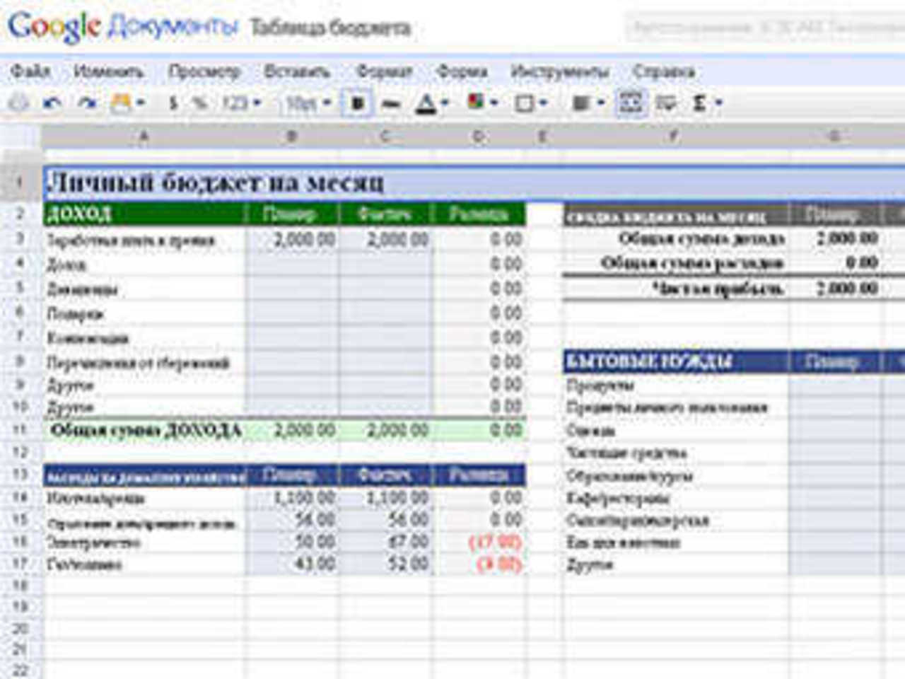 Пример таблицы Excel, открытой в Google Docs. Изображение с сайта docs.google.com