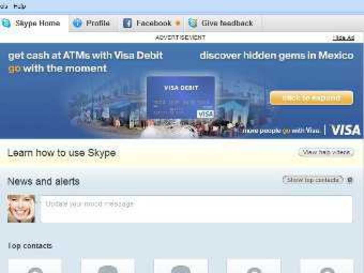 Рекламный баннер Visa на главной странице Skype. Скриншот из блога разработчиков