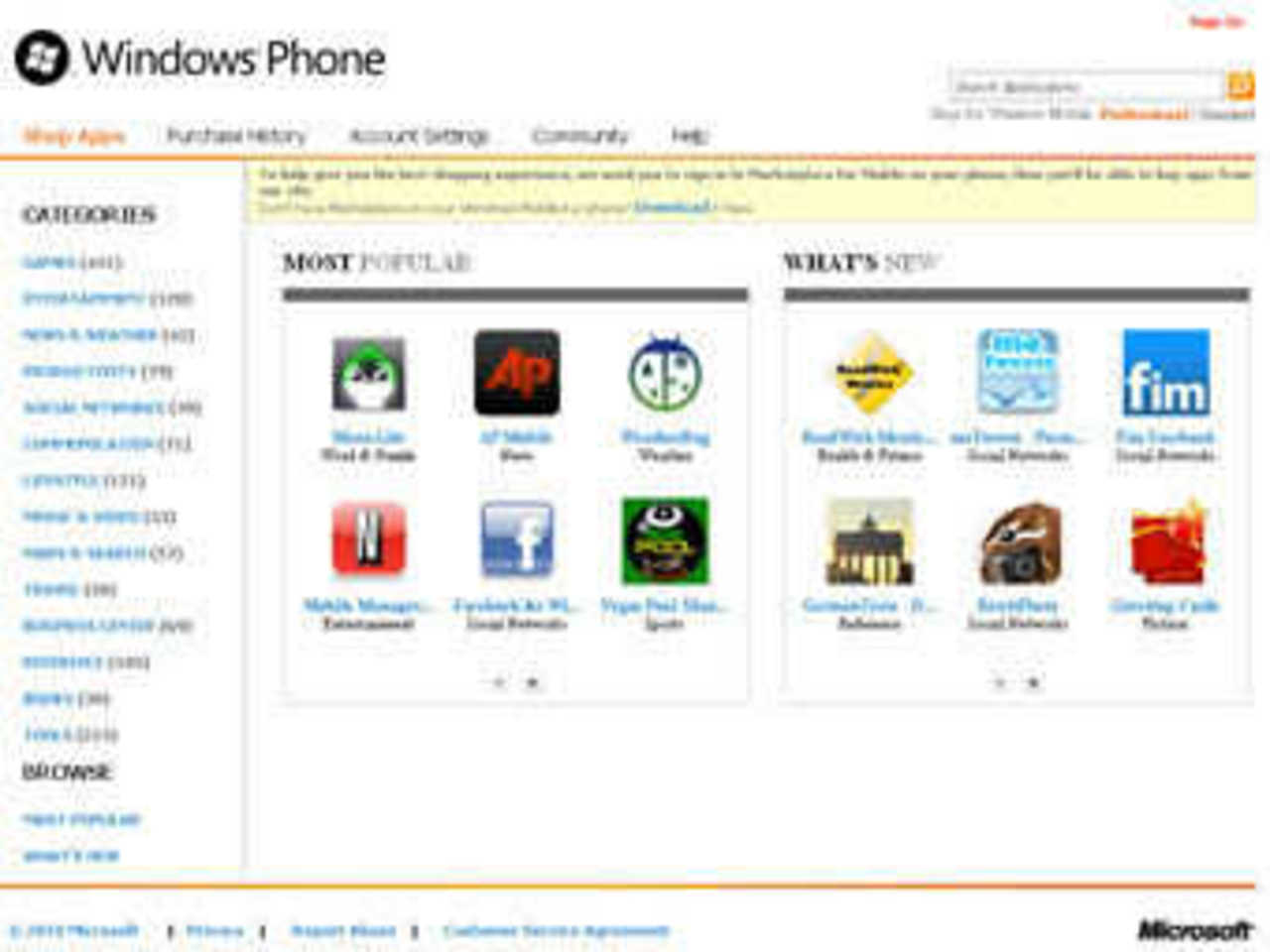 Скриншот главной страницы Windows Phone Marketplace
