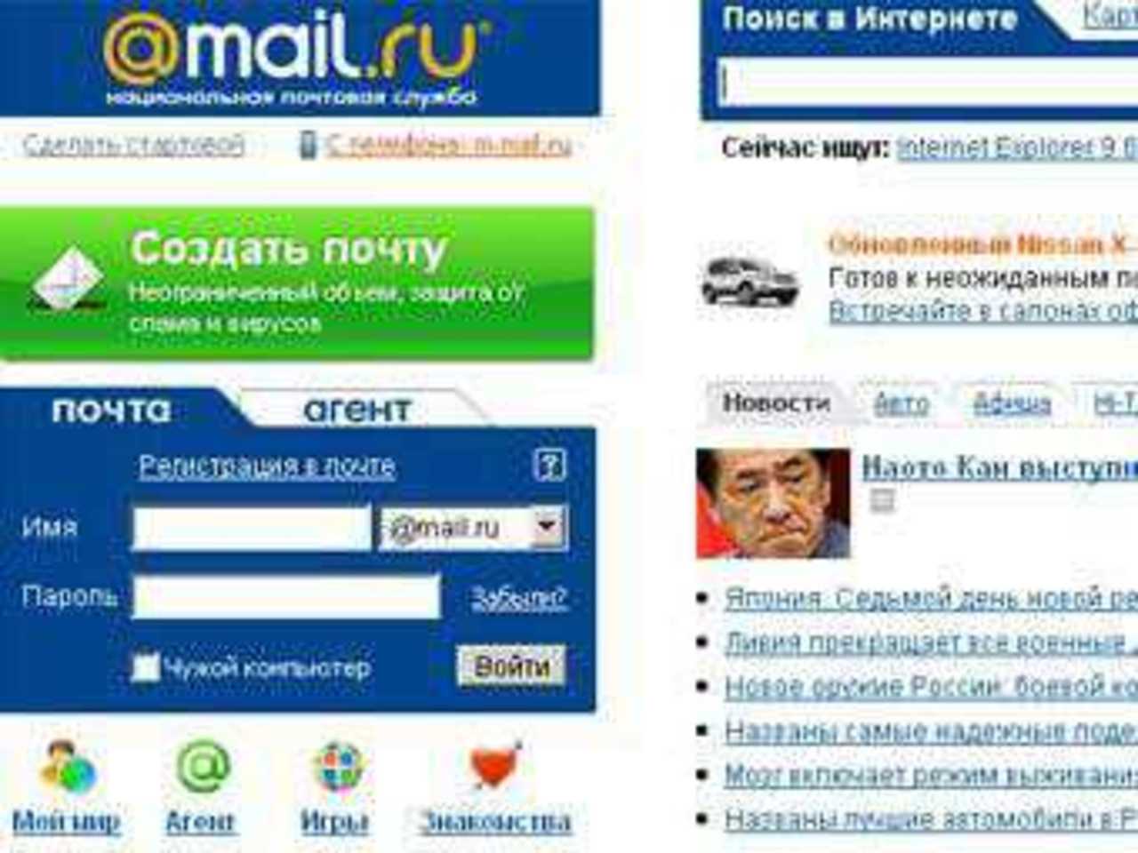 Скриншот главной страницы сервиса Mail.ru
