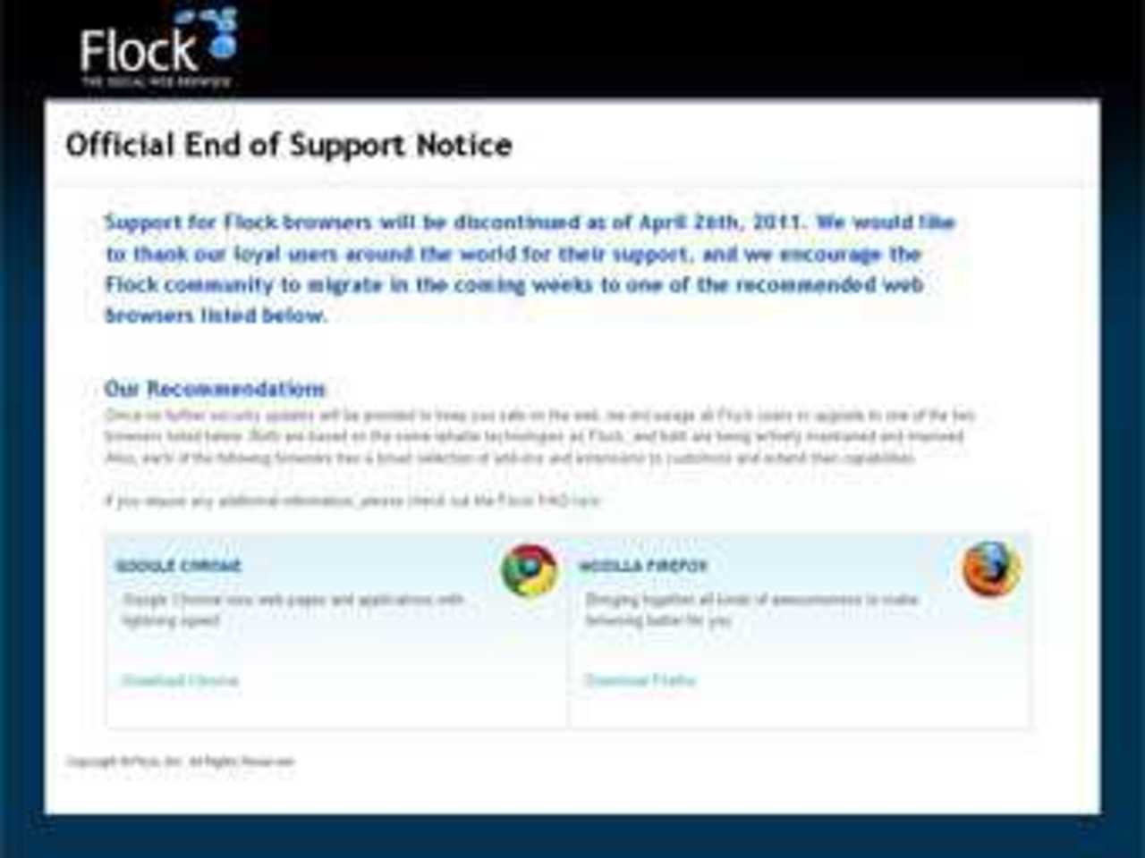 Скриншот с заявлением о закрытии проекта с официального сайта Flock