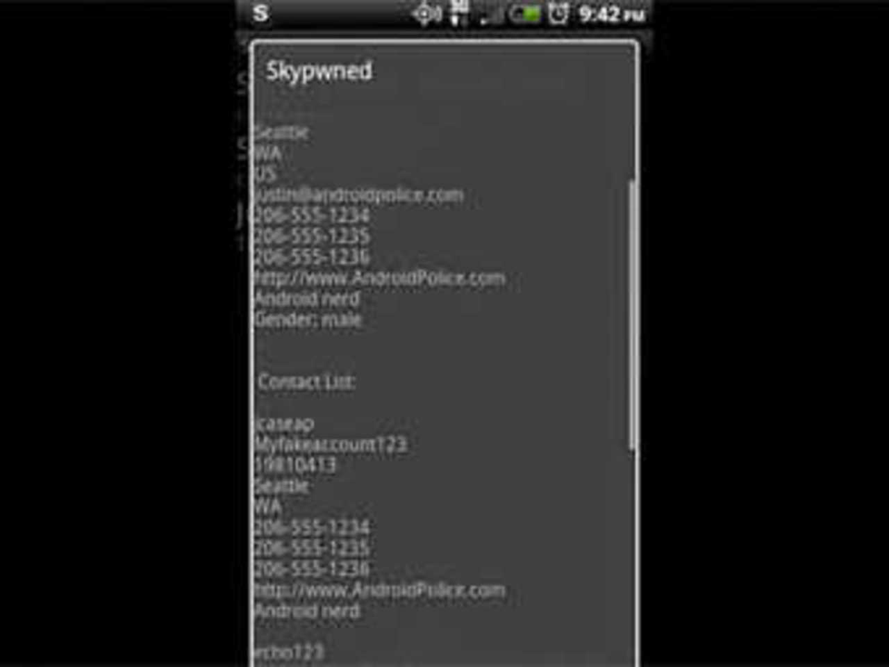 Тестирование уязвимости в Skype на платформе Android. Кадр из видеозаписи с сервиса YouTube