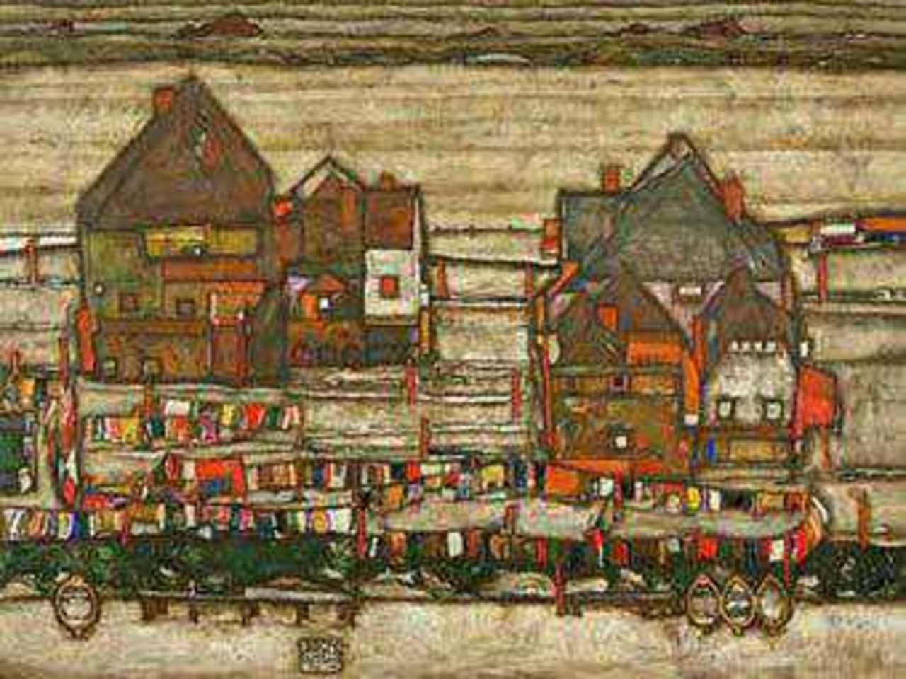 "Дома с пестрым бельем (Пригород II)" работы Эгон Шиле, 1914 год