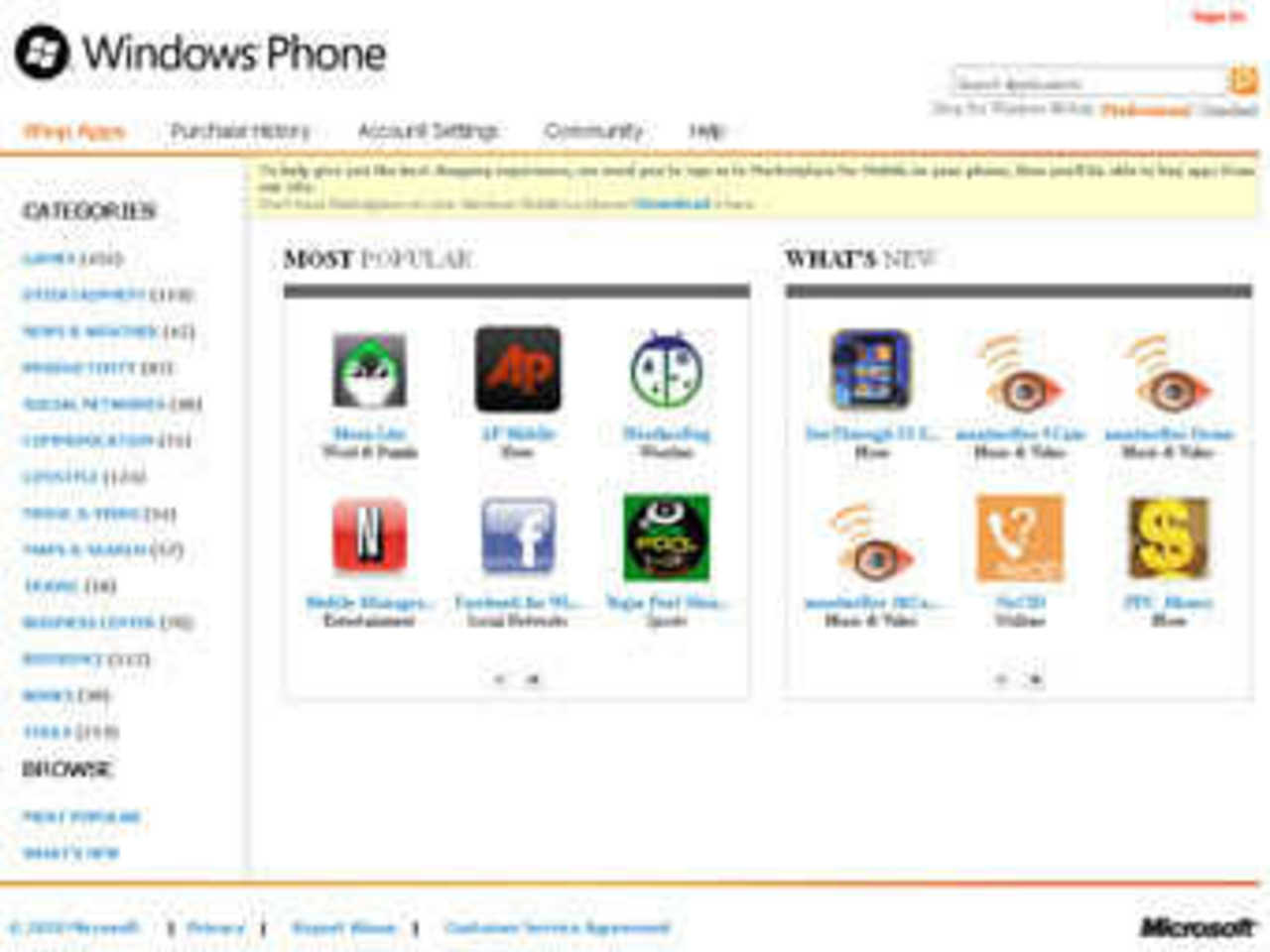 Скриншот главной страницы сервиса Windows Phone Marketplace