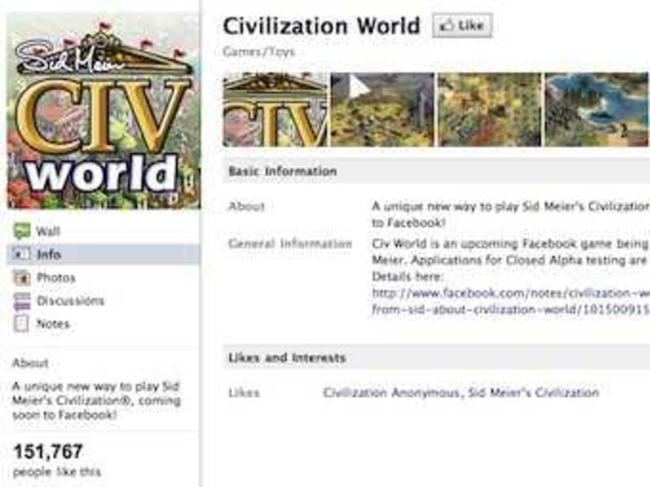 Скриншот страницы Civ World в Facebook