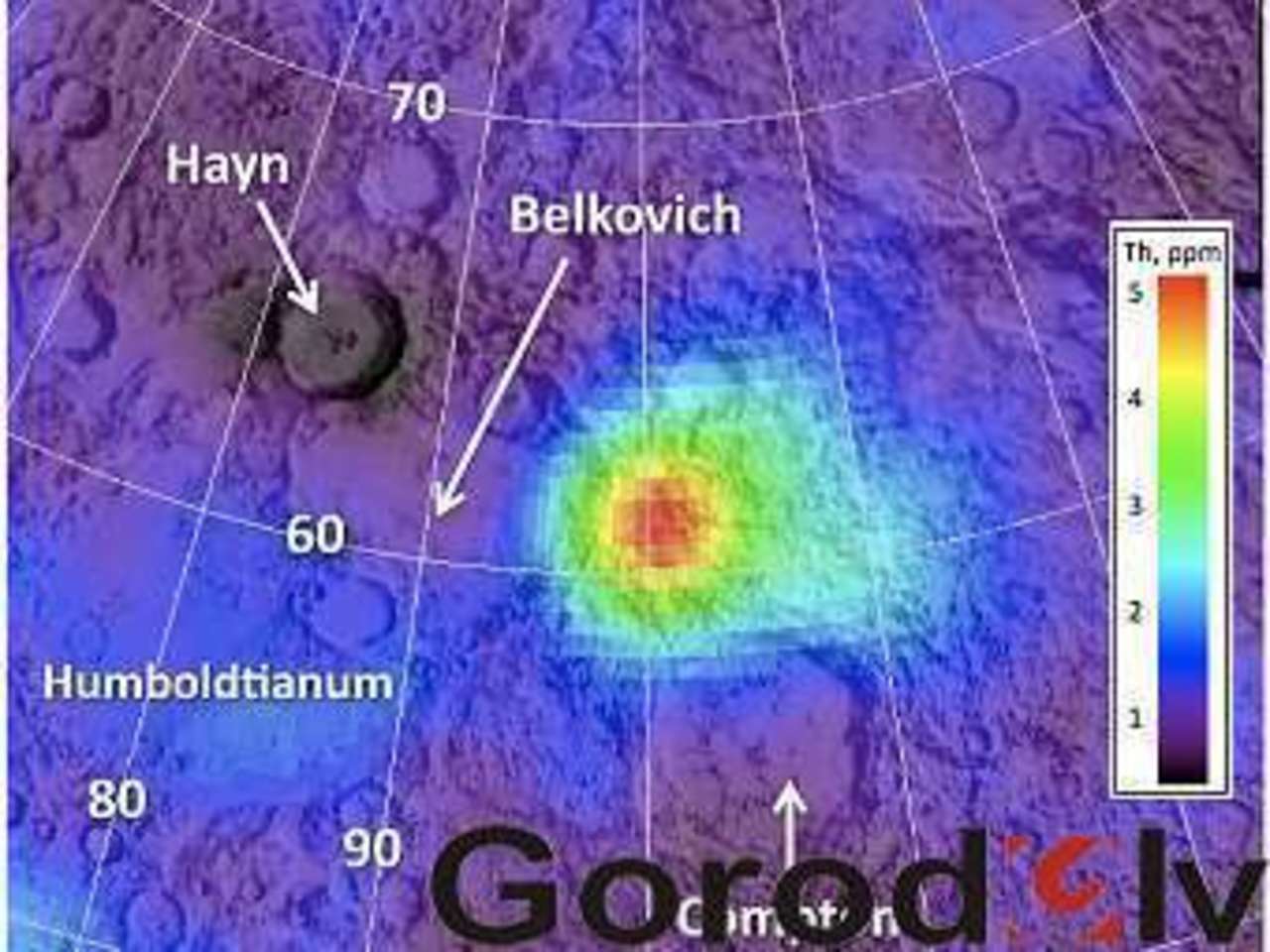Залежи тория между кратерами Комптона и Белковича, вынесенного на поверхность при вулканической активности. Изображение NASA/GSFC/ASU/WUSTL
