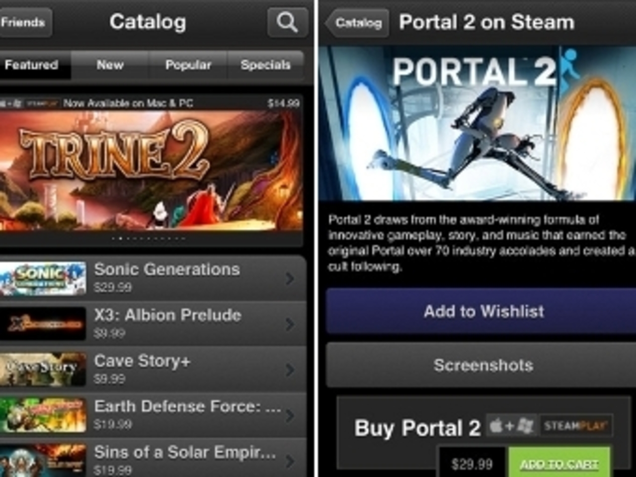 Скриншоты приложения Valve для iOS