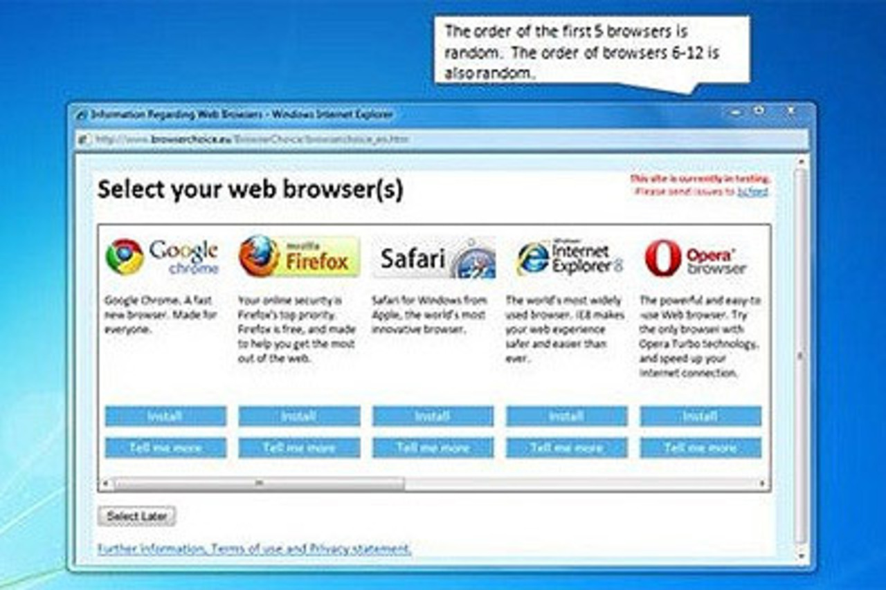 «Экран выбора браузера» в Windows 7. Изображение: сайт Engadget