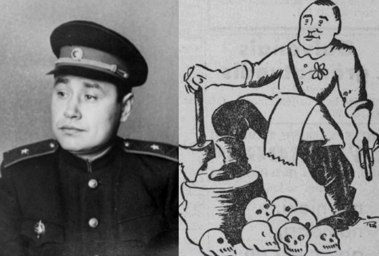Альфонс Новик и карикатура на него (газета «Tēvija, 1941 год).