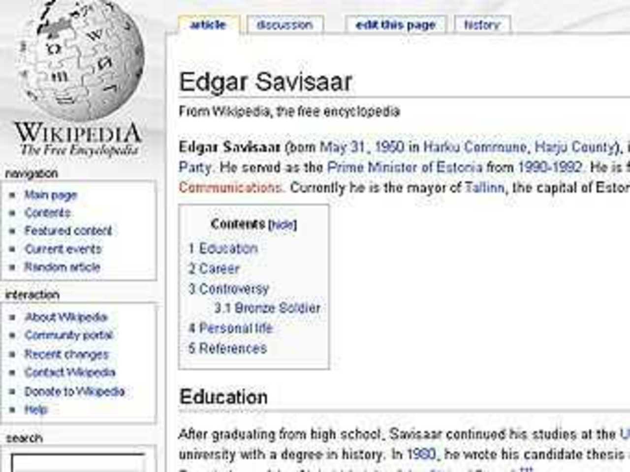 Фрагмент статьи о Эдгаре Сависааре на сайте wikipedia.org