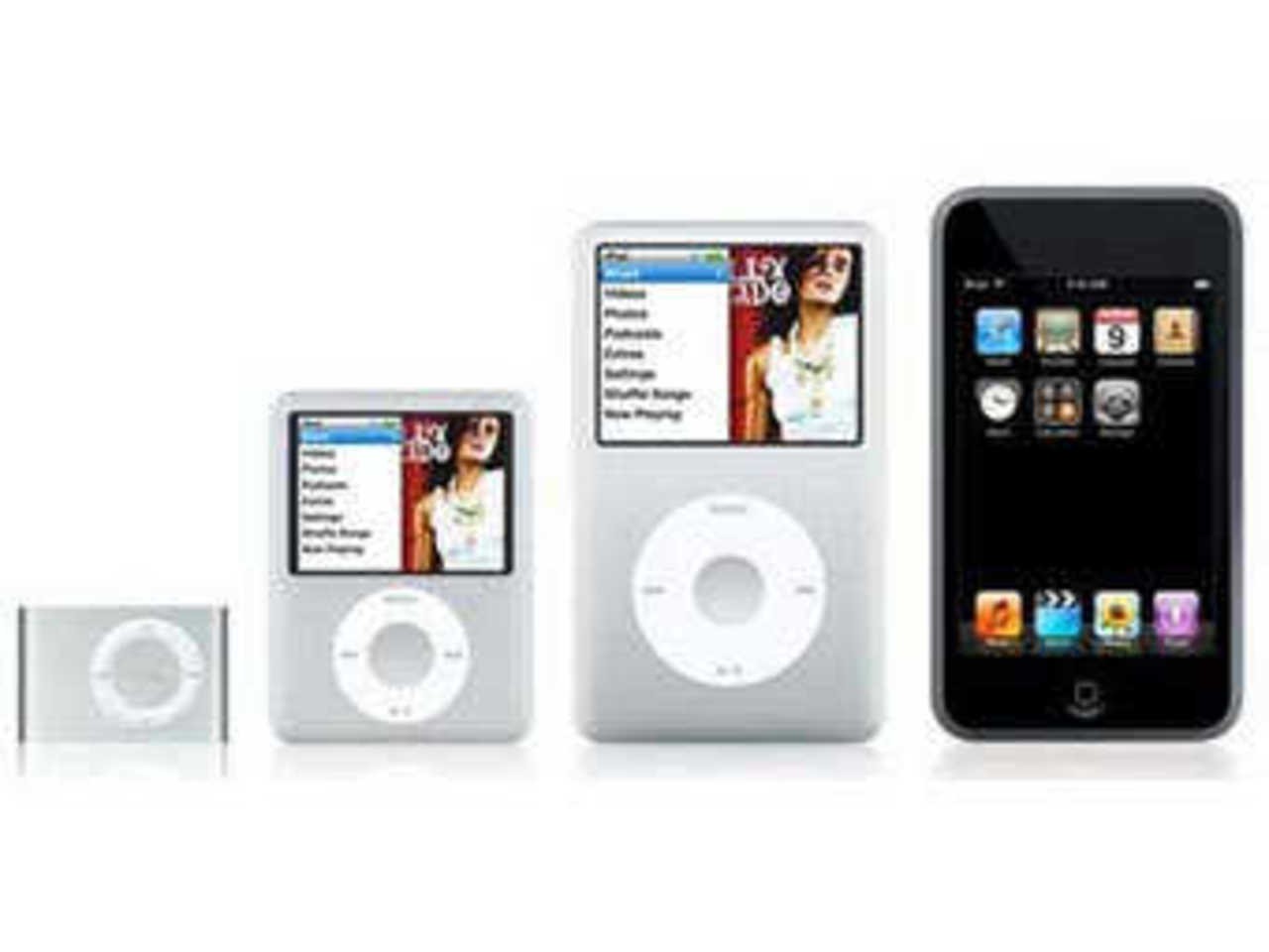Слева направо: плееры iPod Shuffle, Nano, Classic и Touch