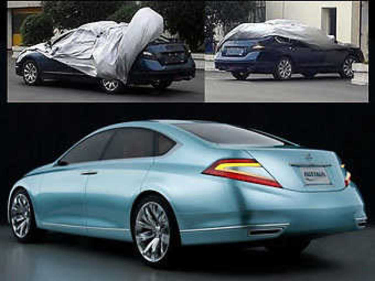Концепт-кар Nissan Intima и шпионские снимки серийной версии. Коллаж Ленты.Ру