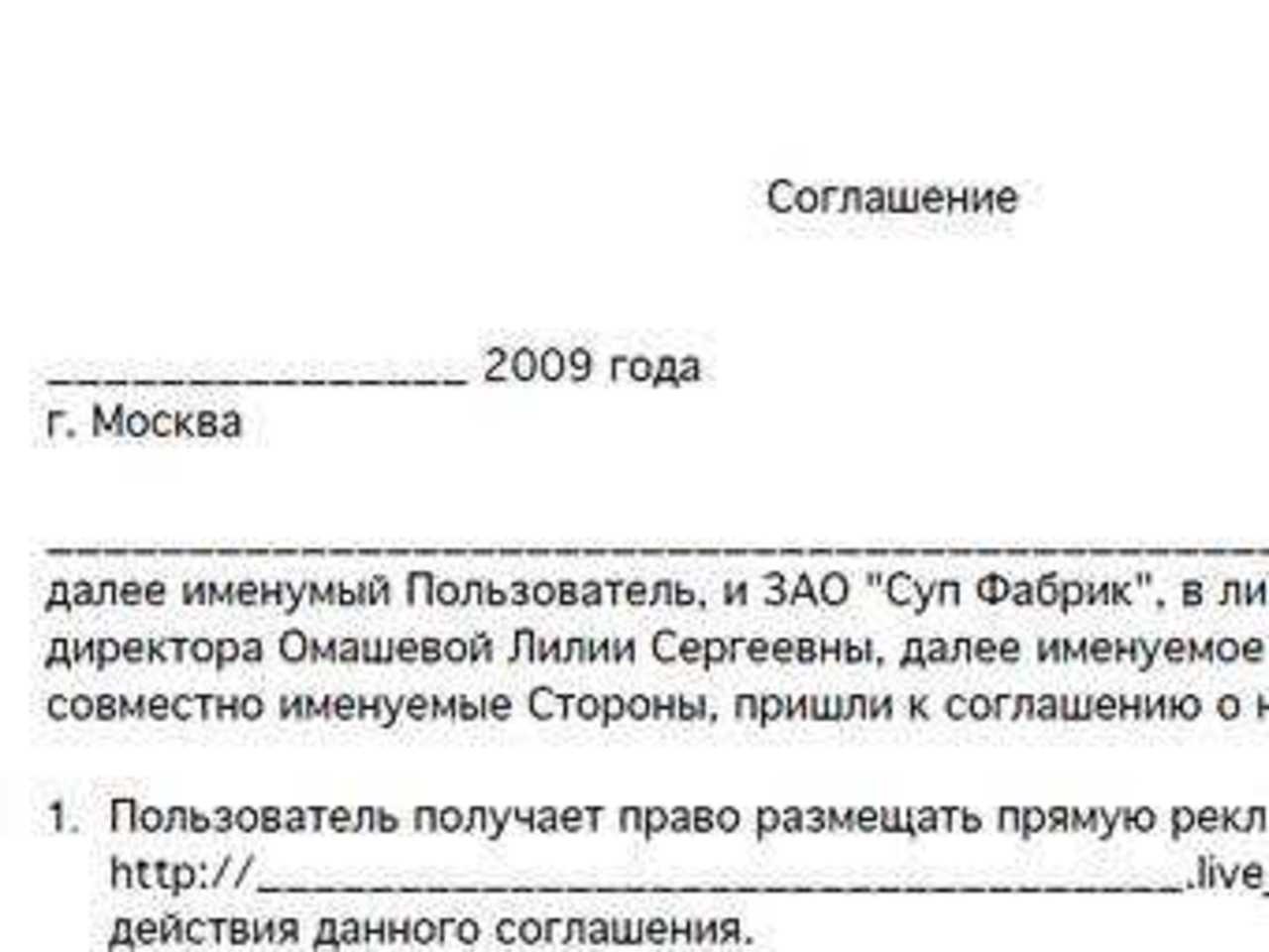 Фрагмент бланка пользовательского соглашения с "Суп Фабрик"