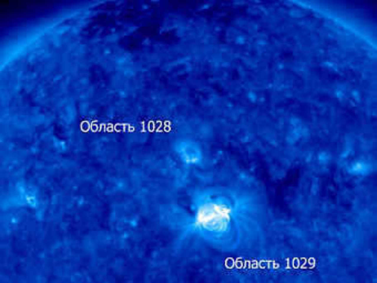 Снимок Солнца, полученный обсерваторией ТЕСИС 25 октября. Показаны области 1028 и 1029. Фото с сайта проекта
